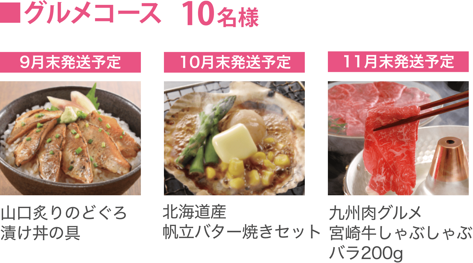 グルメコース10名様：山口炙りのどぐろ漬け丼の具、北海道産 帆立バター焼きセット、九州肉グルメ 宮崎牛しゃぶしゃぶバラ200g